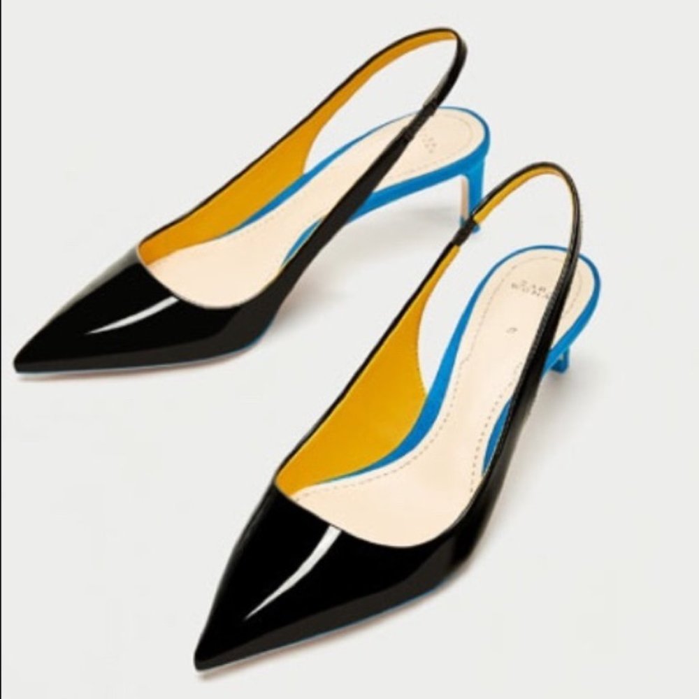 Zara Contrast Patent Suede Pointy Toe Slingbacks